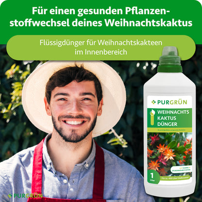 Flüssigdünger für Weihnachtskakteen im Innenbereich, beworben für einen gesunden Pflanzenstoffwechsel; daneben ein lächelnder Gärtner.