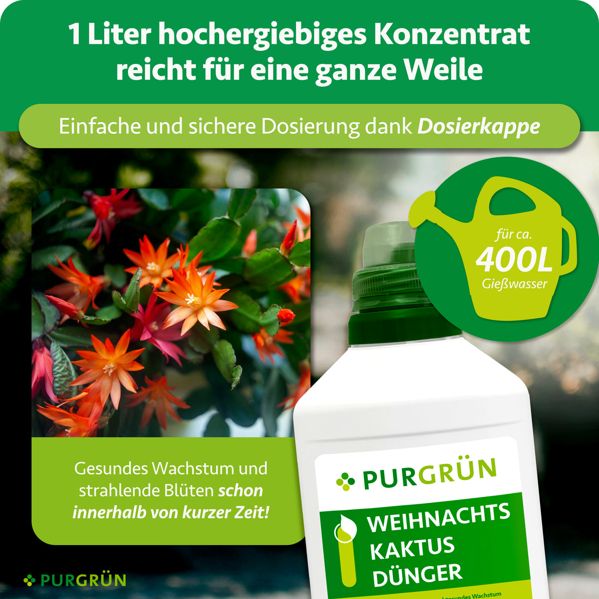 1 Liter Konzentrat reicht für ca. 400 Liter Gießwasser und lässt sich mit der Dosierkappe einfach und sicher dosieren.