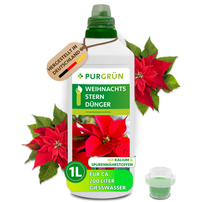 1-Liter-Flasche Purgrün Weihnachtsstern-Dünger mit Dosierkappe und roten Weihnachtssternen; laut Etikett ausreichend für ca. 200 Liter Gießwasser.