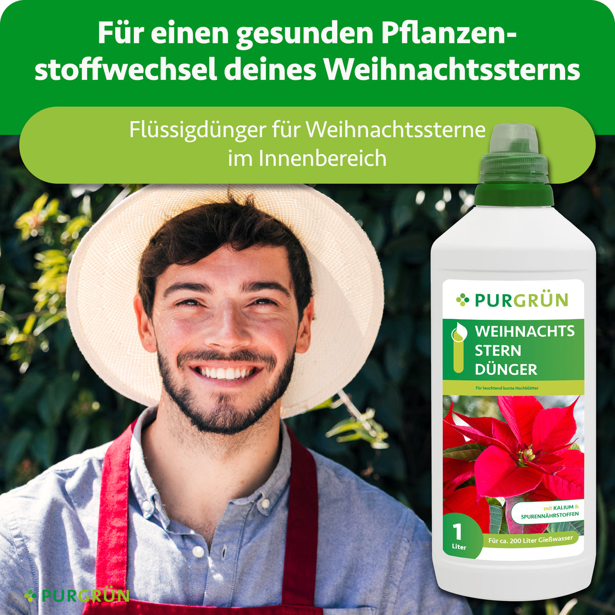 Flüssigdünger für Weihnachtssterne im Innenbereich, beworben zur Unterstützung eines gesunden Pflanzenstoffwechsels; daneben ein lächelnder Gärtner.
