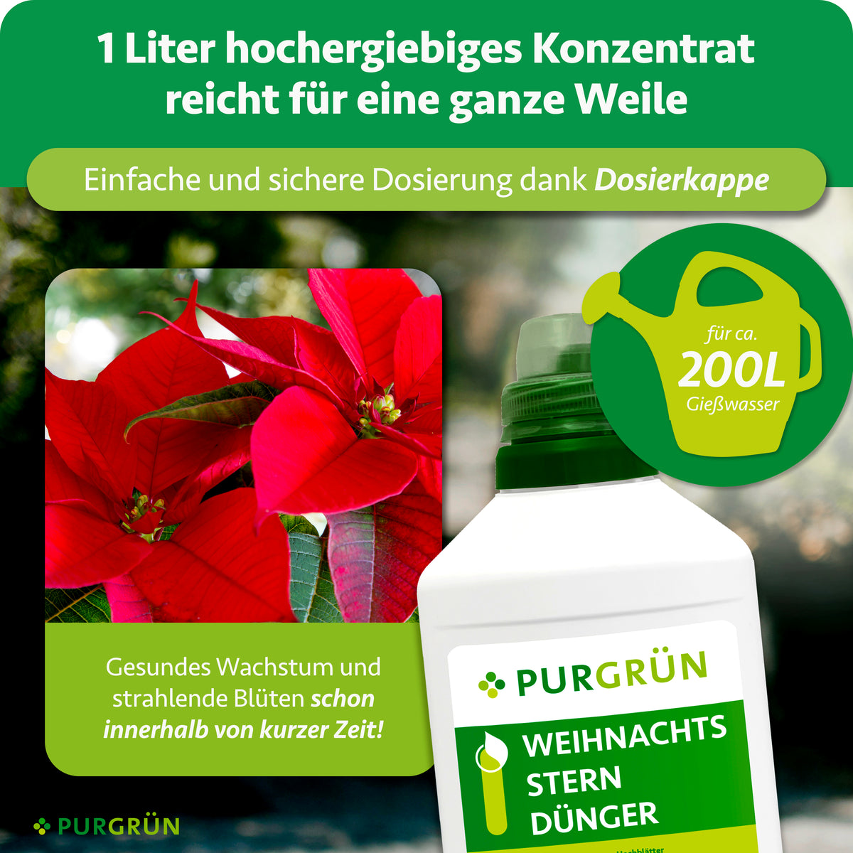 1 Liter hochergiebiges Konzentrat für ca. 200 Liter Gießwasser mit Dosierkappe zur einfachen und sicheren Dosierung.