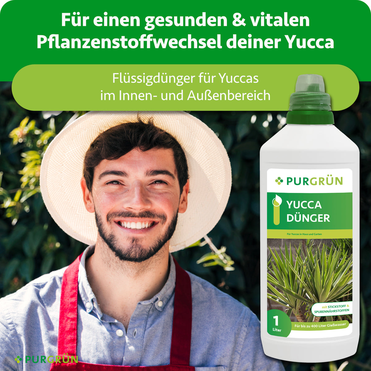 Flüssigdünger für Yuccas im Innen- und Außenbereich, beworben für einen gesunden und vitalen Pflanzenstoffwechsel.
