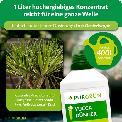 1 Liter Yucca-Dünger-Konzentrat reicht für bis zu 400 Liter Gießwasser und lässt sich mit der Dosierkappe einfach und sicher dosieren.