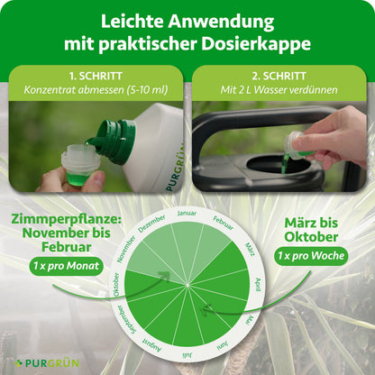 Anwendung: 5–10 ml Konzentrat abmessen und mit 2 Litern Wasser verdünnen. Zimmerpflanzen von November bis Februar einmal monatlich, von März bis Oktober einmal wöchentlich düngen.