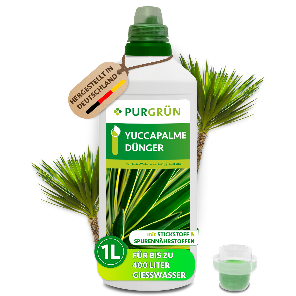 Purgrün Yucca-Palme-Dünger, 1 Liter, mit Dosierkappe; Konzentrat für bis zu 400 Liter Gießwasser.