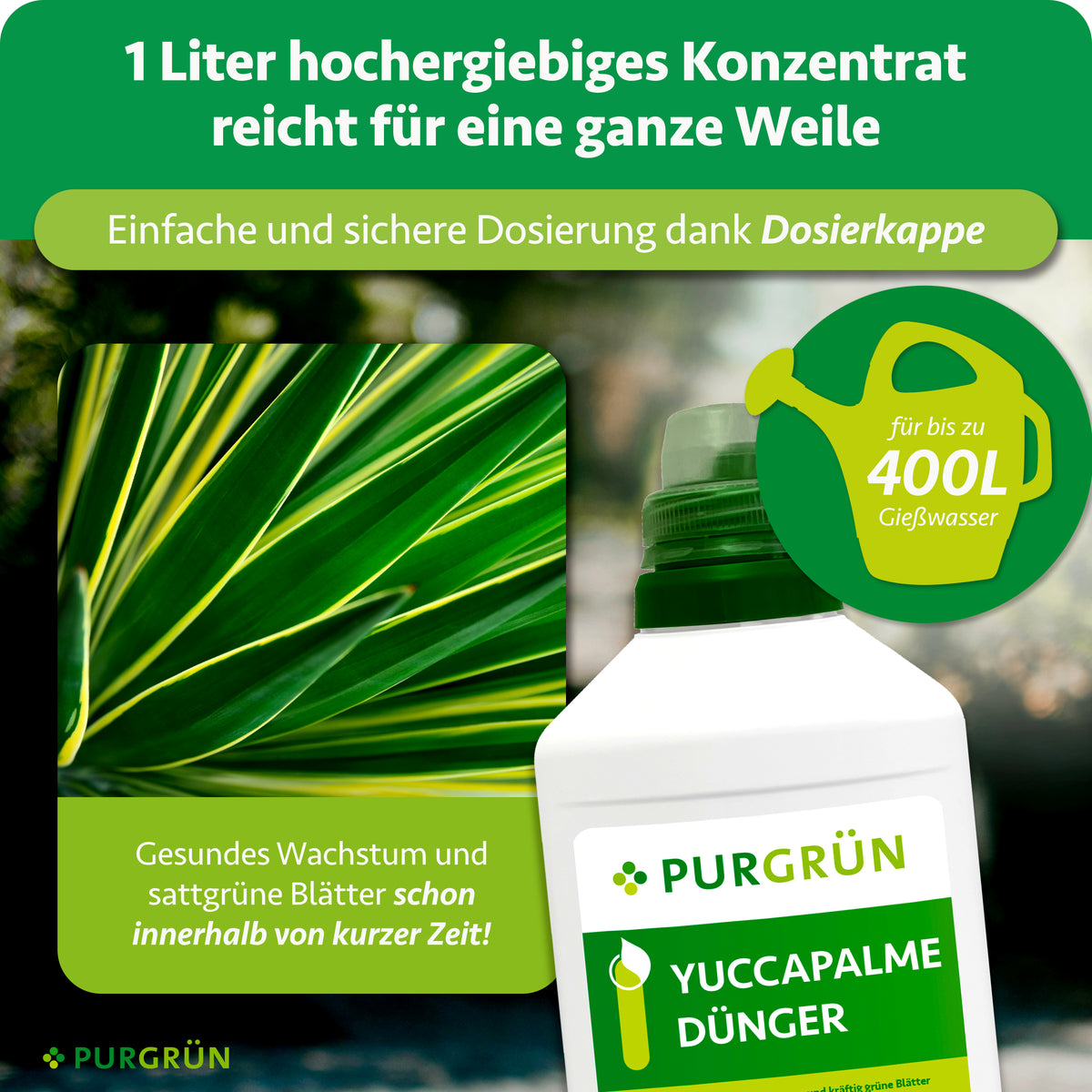 1 Liter hochergiebiges Konzentrat für bis zu 400 Liter Gießwasser; die Dosierkappe erleichtert die sichere Dosierung.
