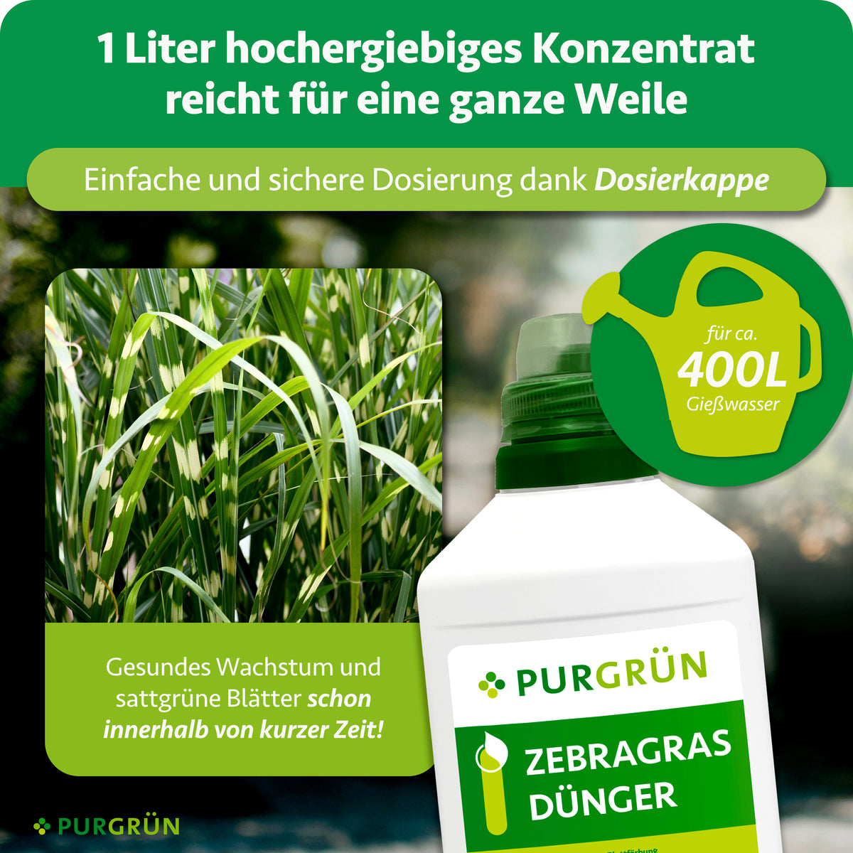 1 Liter hochergiebiges Konzentrat reicht laut Grafik für ca. 400 Liter Gießwasser und lässt sich mit der Dosierkappe einfach und sicher dosieren.