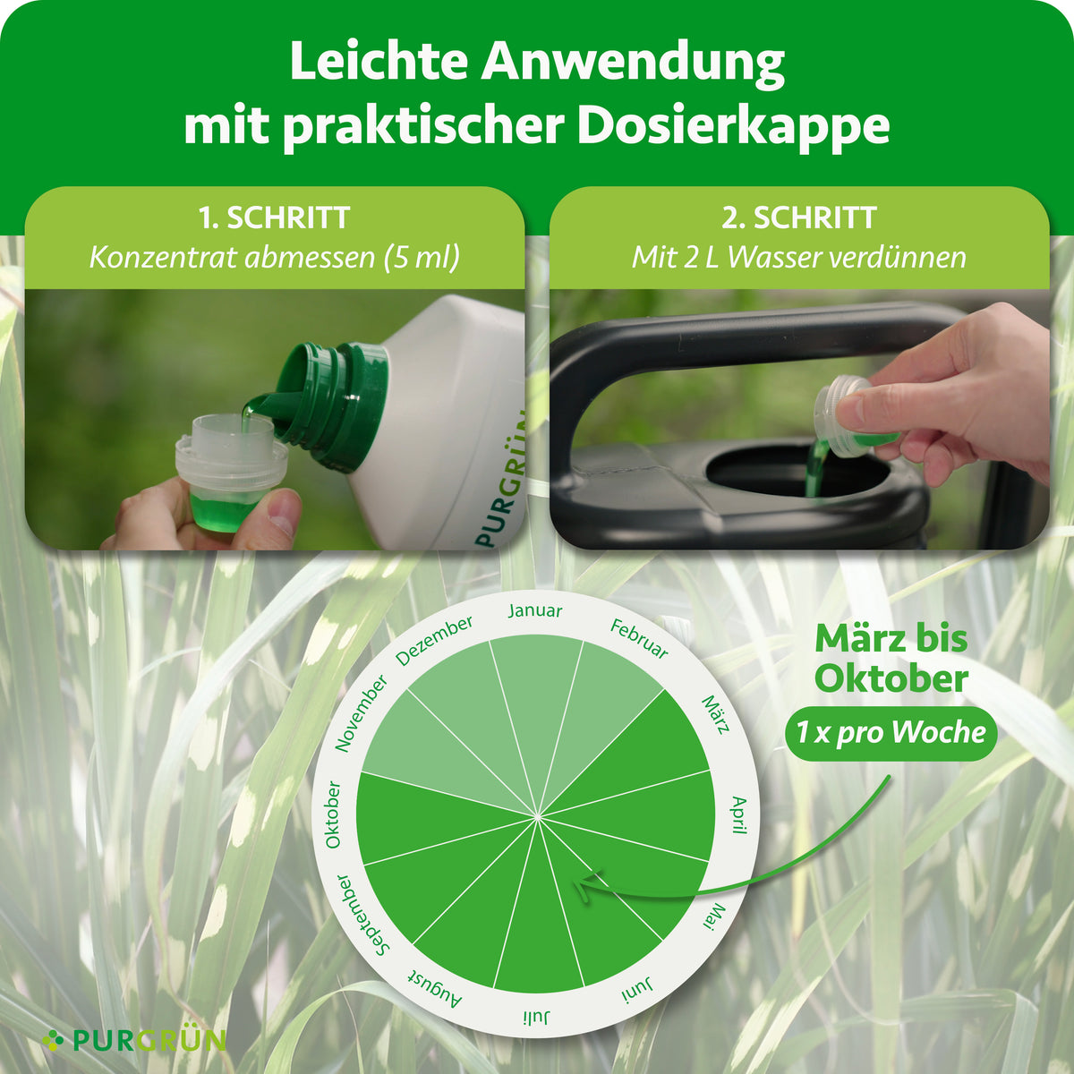 Anwendung: 5 ml Konzentrat mit der Dosierkappe abmessen, mit 2 Litern Wasser verdünnen und von März bis Oktober einmal pro Woche düngen.