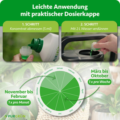 Anwendung: 5 ml Konzentrat abmessen und mit 2 L Wasser verdünnen. März bis Oktober 1-mal pro Woche, November bis Februar 1-mal pro Monat düngen.