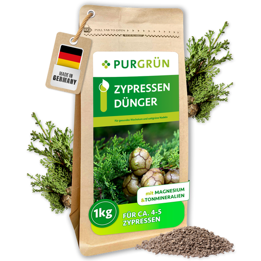 Purgrün Zypressen-Dünger im 1-kg-Standbeutel mit Zypressenzweigen und feinem Granulat, laut Etikett für ca. 4–5 Zypressen.