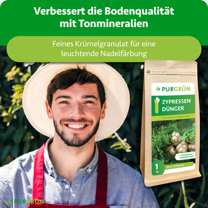 Tonmineralien verbessern die Bodenqualität; feines Krümelgranulat unterstützt eine leuchtende Nadelfärbung. Daneben stehen ein lächelnder Gärtner und der Düngerbeutel.