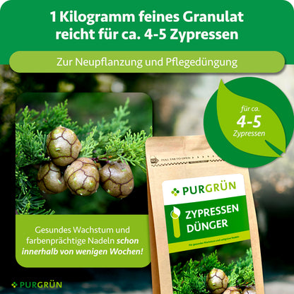 1 kg feines Granulat reicht für ca. 4–5 Zypressen zur Neupflanzung und Pflegedüngung; gesundes Wachstum und farbenprächtige Nadeln werden innerhalb weniger Wochen versprochen.