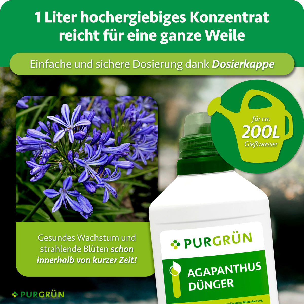 1 Liter hochergiebiges Konzentrat reicht für ca. 200 Liter Gießwasser; die Dosierkappe ermöglicht eine einfache und sichere Dosierung.