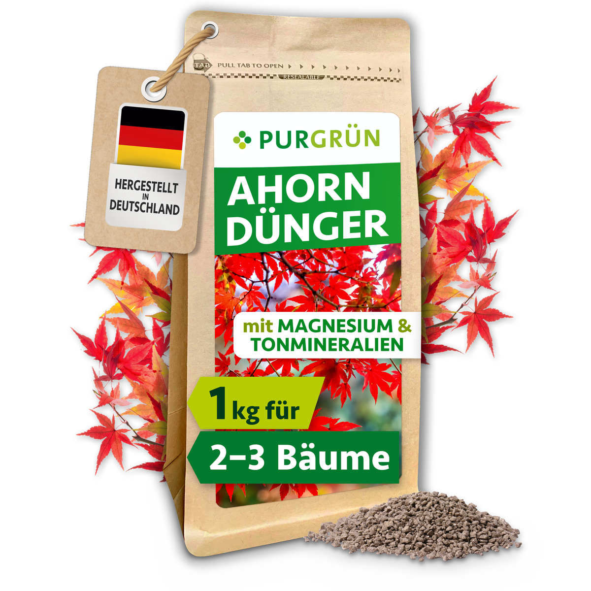 Purgrün Ahorn-Dünger im 1-kg-Beutel mit Magnesium und Tonmineralien, umgeben von roten Ahornblättern und Granulat.