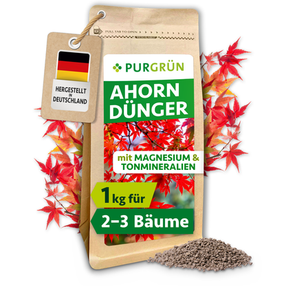 Purgrün Ahorn-Dünger im 1-kg-Beutel mit Magnesium und Tonmineralien, umgeben von roten Ahornblättern und Granulat.