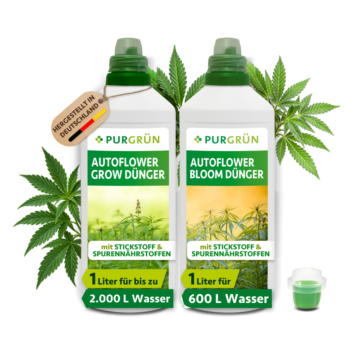 Zwei 1-Liter-Flaschen des Purgrün Autoflower-Dünger-Sets mit der Aufschrift „Grow-Dünger“ und „Bloom-Dünger“ sind mit grünen Deckeln, Bildern von Cannabispflanzen und der Aufschrift „Hergestellt in Deutschland“ versehen.
