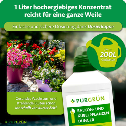1 Liter hochergiebiges Konzentrat reicht für ca. 200 Liter Gießwasser und lässt sich mit der Dosierkappe einfach und sicher dosieren.