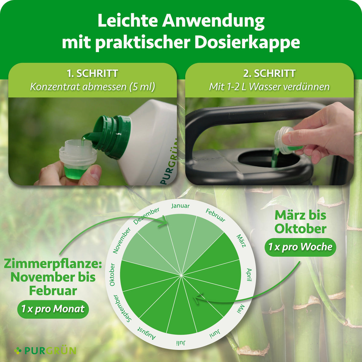 Anwendung: 5 ml Konzentrat abmessen und mit 1–2 Litern Wasser verdünnen; März bis Oktober einmal wöchentlich, bei Zimmerpflanzen November bis Februar einmal monatlich.