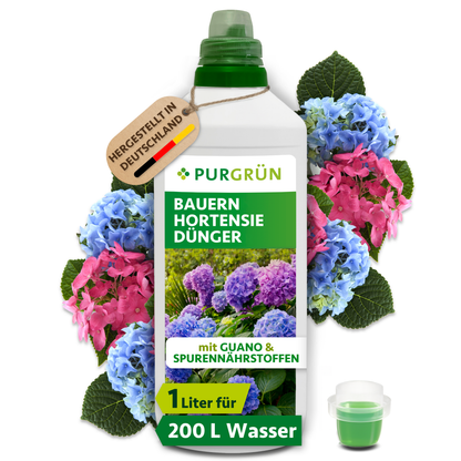 Purgrün Bauernhortensie-Dünger in der 1-Liter-Flasche mit Dosierkappe, umgeben von blauen und rosa Hortensienblüten.