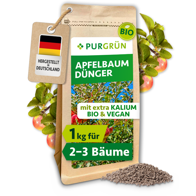 Purgrün Bio-Apfelbaum-Dünger im 1-kg-Beutel, vegan und mit extra Kalium, umgeben von Äpfeln und Granulat.
