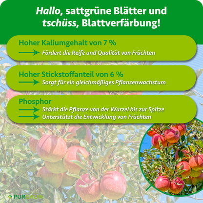 7 % Kalium fördern Reife und Fruchtqualität, 6 % Stickstoff gleichmäßiges Wachstum; Phosphor stärkt die Pflanze und unterstützt die Fruchtentwicklung.