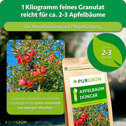 1 kg feines Granulat reicht für ca. 2–3 Apfelbäume und eignet sich zur Neupflanzung und Pflegedüngung.