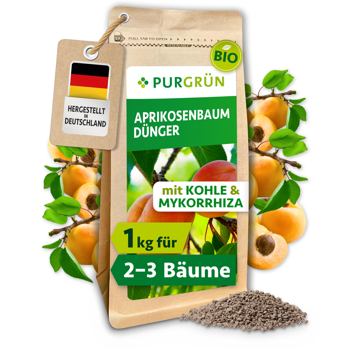 Wiederverschließbarer Beutel Purgrün Bio-Aprikosenbaum-Dünger, 1 kg, mit Aprikosenzweigen und feinem Granulat.