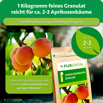 1 kg feines Granulat reicht für ca. 2–3 Aprikosenbäume und eignet sich zur Neupflanzung und Pflegedüngung. Die Darstellung verspricht gesundes Wachstum und viele Früchte schon innerhalb weniger Wochen.