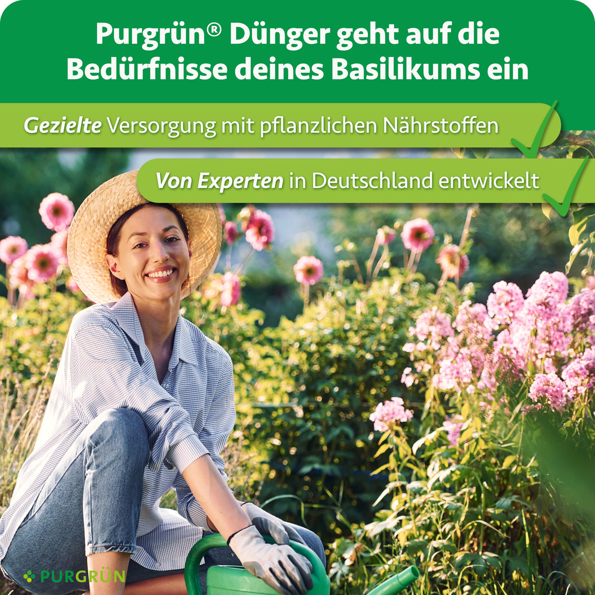 Purgrün Bio-Basilikum-Dünger: gezielte Versorgung mit pflanzlichen Nährstoffen, von Experten in Deutschland entwickelt.