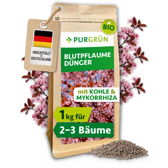 Purgrün Bio-Blutpflaume-Dünger, 1 kg, im Standbeutel mit Blütenmotiv und losem Granulat; mit Kohle und Mykorrhiza.