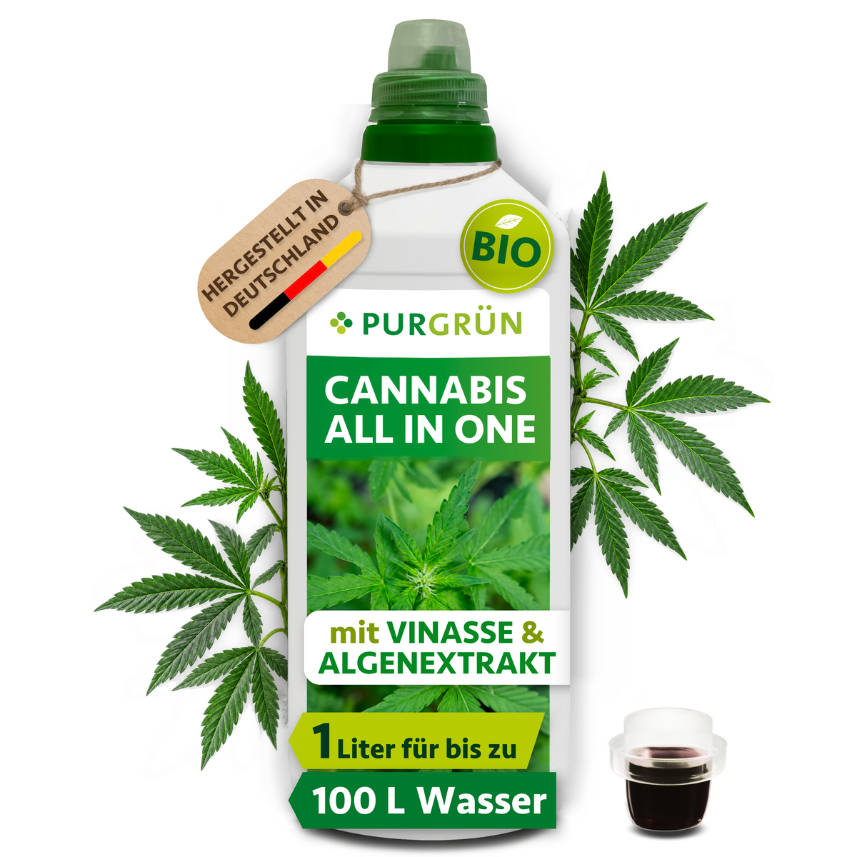 Bio-Cannabis-All-In-One-Dünger, 1 Liter, mit Dosierkappe und Cannabisblättern; reicht für ca. 50–100 Liter Gießwasser.