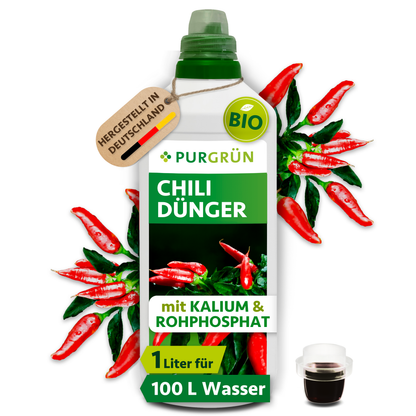 Purgrün Bio-Chilidünger in der 1-Liter-Flasche mit Dosierkappe; reicht für ca. 100 Liter Gießwasser.