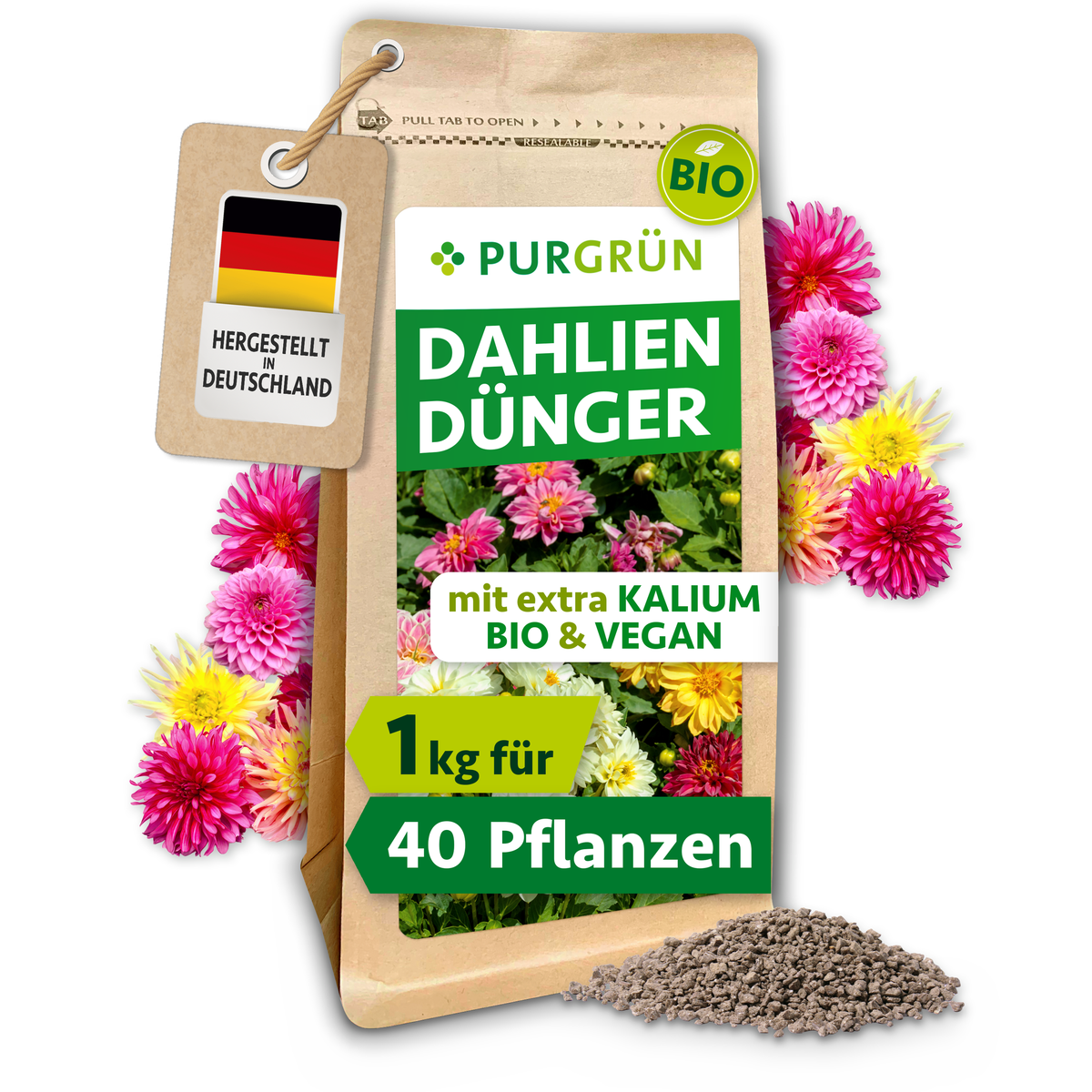Purgrün Bio-Dahlien-Dünger im 1-kg-Beutel, für ca. 40 Dahlien und mit extra Kalium, umgeben von Dahlienblüten und Granulat.