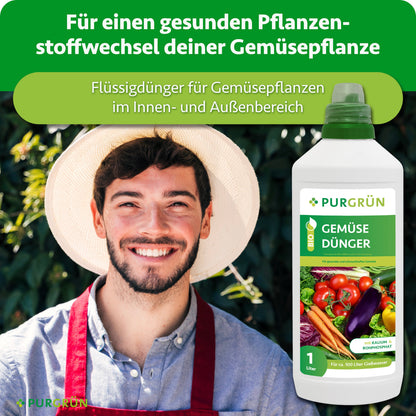 Flüssigdünger für Gemüsepflanzen im Innen- und Außenbereich, dargestellt neben einem lächelnden Gärtner; unterstützt laut Bildaussage einen gesunden Pflanzenstoffwechsel.
