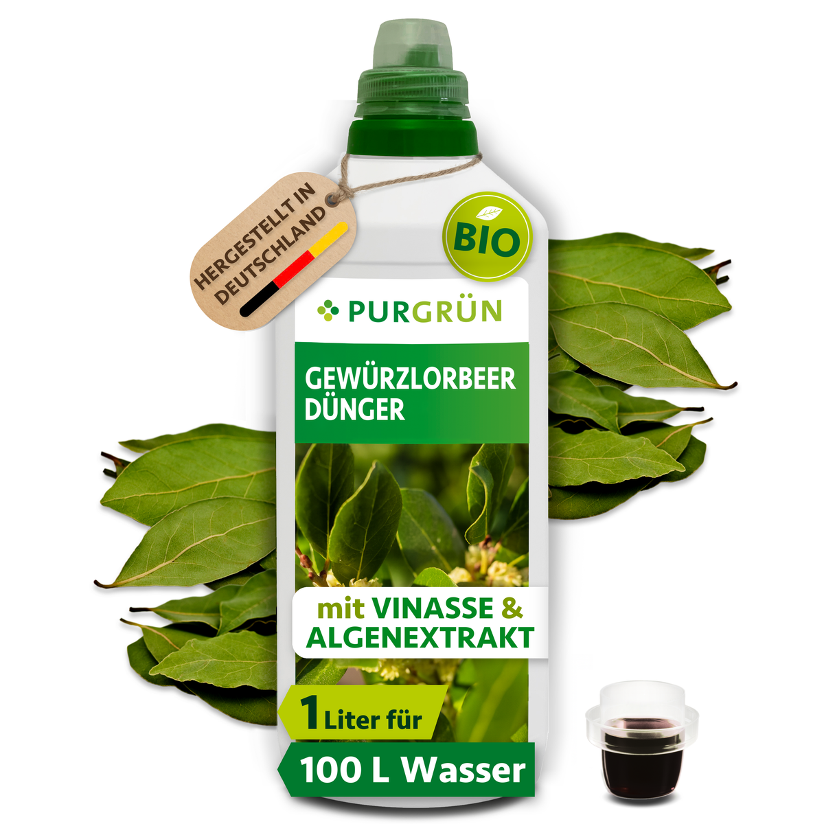 Purgrün Bio-Gewürzlorbeer-Dünger, 1 Liter, in weißer Flasche mit Dosierkappe, umgeben von Lorbeerblättern.