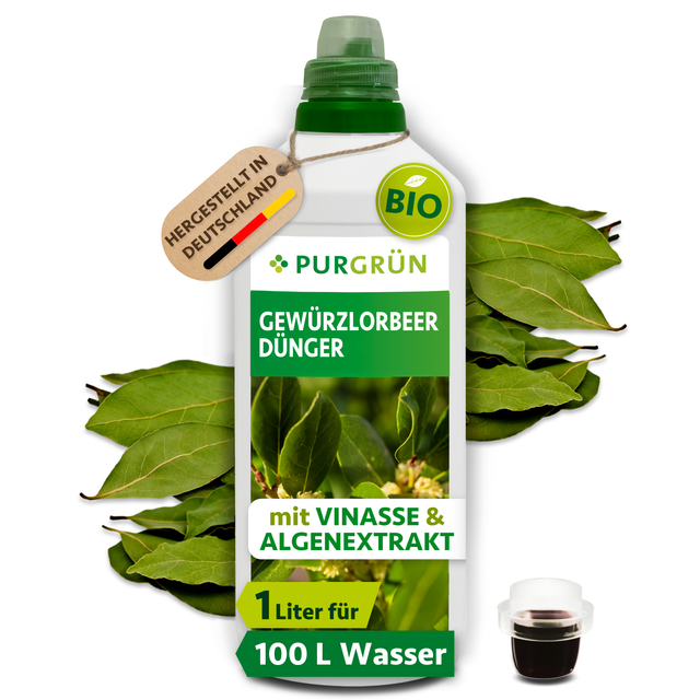 Purgrün Bio-Gewürzlorbeer-Dünger, 1 Liter, in weißer Flasche mit Dosierkappe, umgeben von Lorbeerblättern.