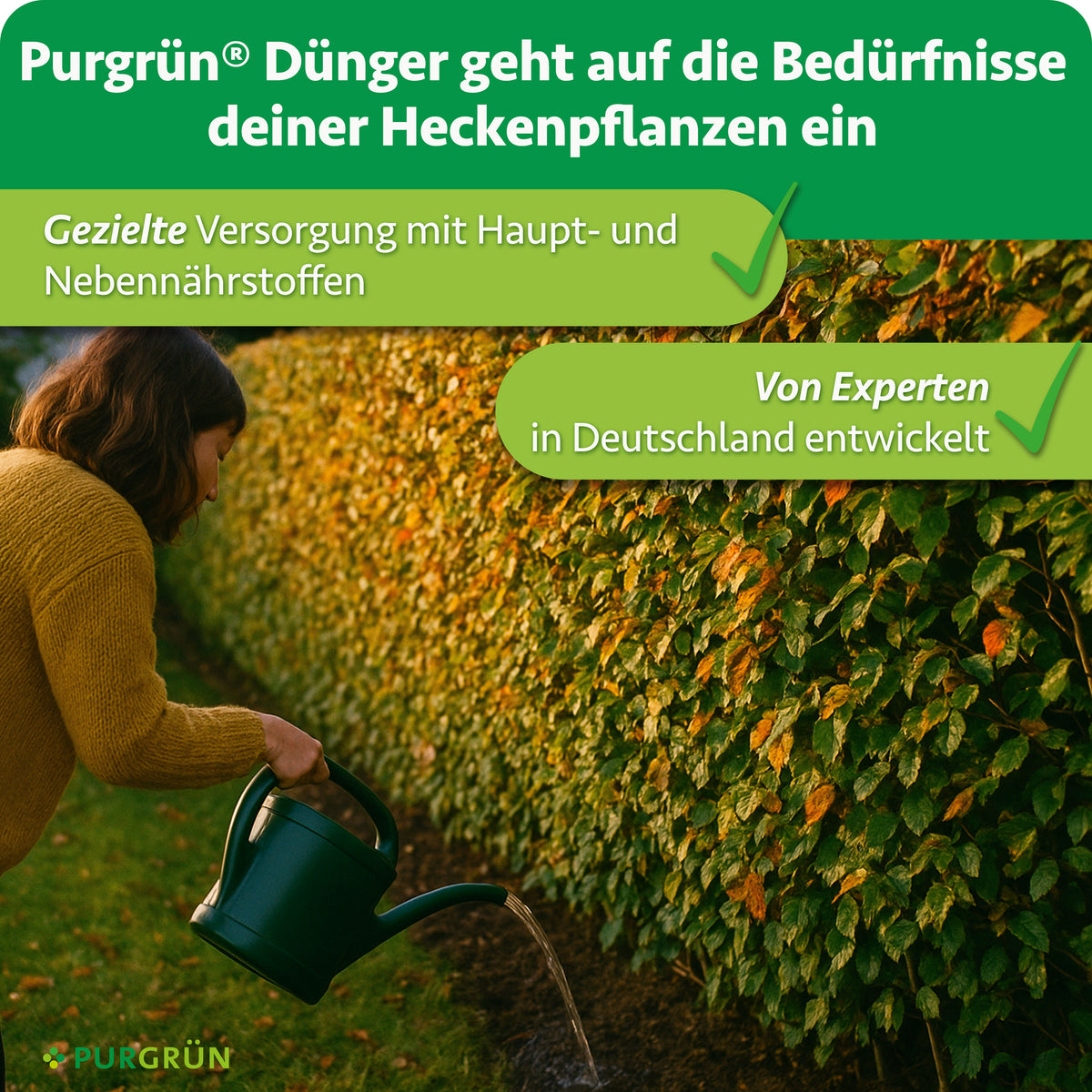 Purgrün Bio-Herbst-Heckendünger: gezielte Versorgung mit Haupt- und Nebennährstoffen, von Experten in Deutschland entwickelt.