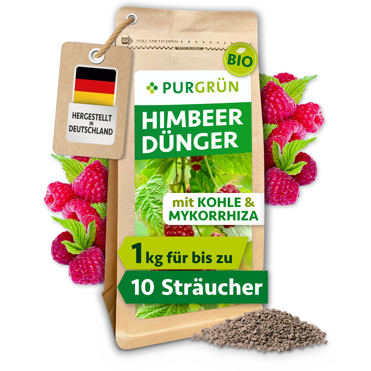 Purgrün Bio-Himbeerdünger im 1-kg-Beutel, mit Pflanzenkohle und Mykorrhiza, umgeben von Himbeeren und feinem Granulat.