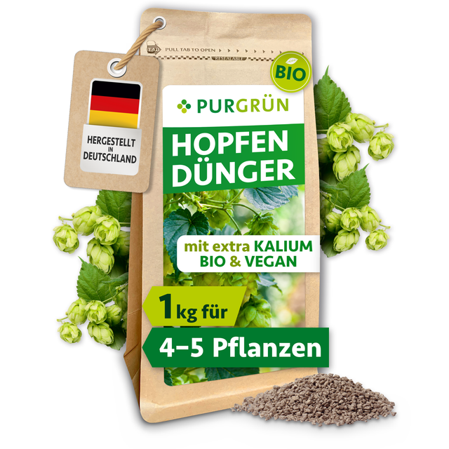Purgrün Bio-Hopfen-Dünger im 1-kg-Beutel, ausreichend für ca. 4–5 Pflanzen, mit Hopfendolden und feinem Granulat.
