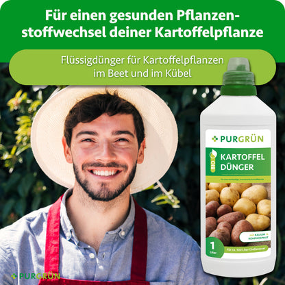 Gärtner neben einer Flasche Purgrün Bio-Kartoffeldünger; Flüssigdünger für Kartoffelpflanzen im Beet und im Kübel, für einen gesunden Pflanzenstoffwechsel.