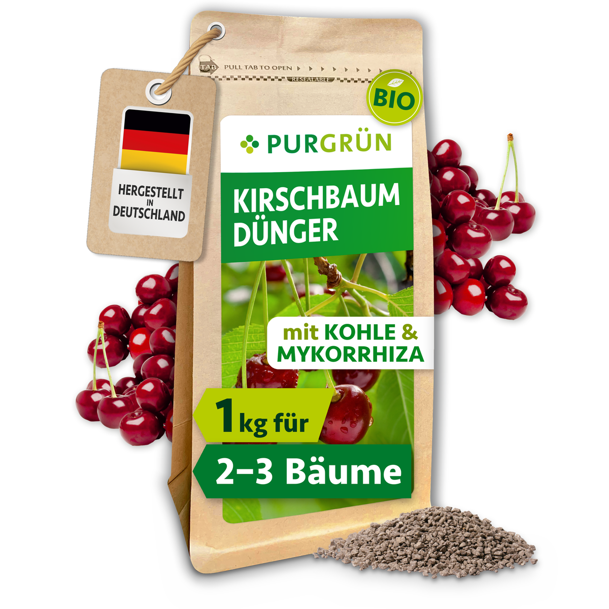 Purgrün Bio-Kirschbaum-Dünger, 1 kg, im Papierbeutel mit sichtbarem Granulat, Kirschen sowie Hinweis auf Pflanzenkohle und Mykorrhiza.