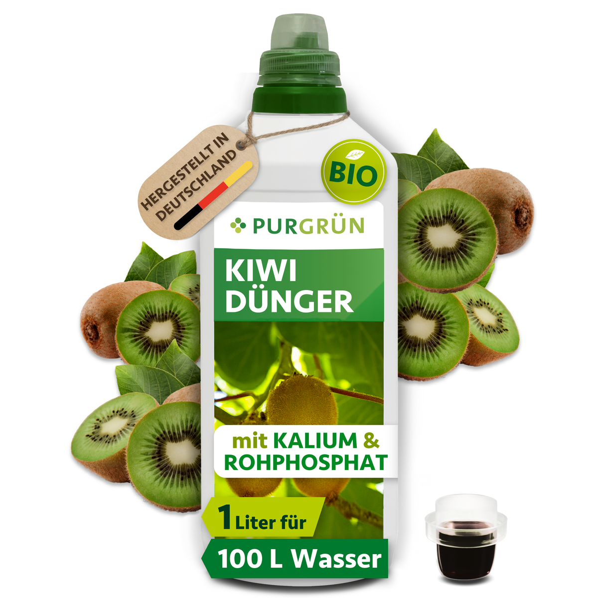 1-Liter-Flasche Purgrün Bio-Kiwi-Dünger mit Kiwifrüchten, Dosierkappe und Anhänger „Hergestellt in Deutschland“.
