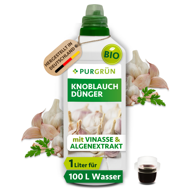 1-Liter-Flasche Purgrün Bio-Knoblauchdünger mit Dosierkappe, Vinasse und Algenextrakt für ca. 100 Liter Gießwasser.