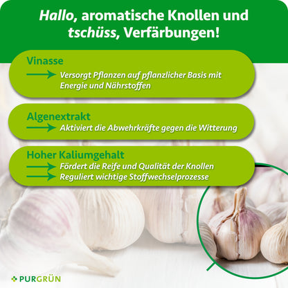 Vinasse liefert Energie und Nährstoffe, Algenextrakt aktiviert die Abwehrkräfte gegen Witterungseinflüsse; hoher Kaliumgehalt fördert Reife und Knollenqualität.