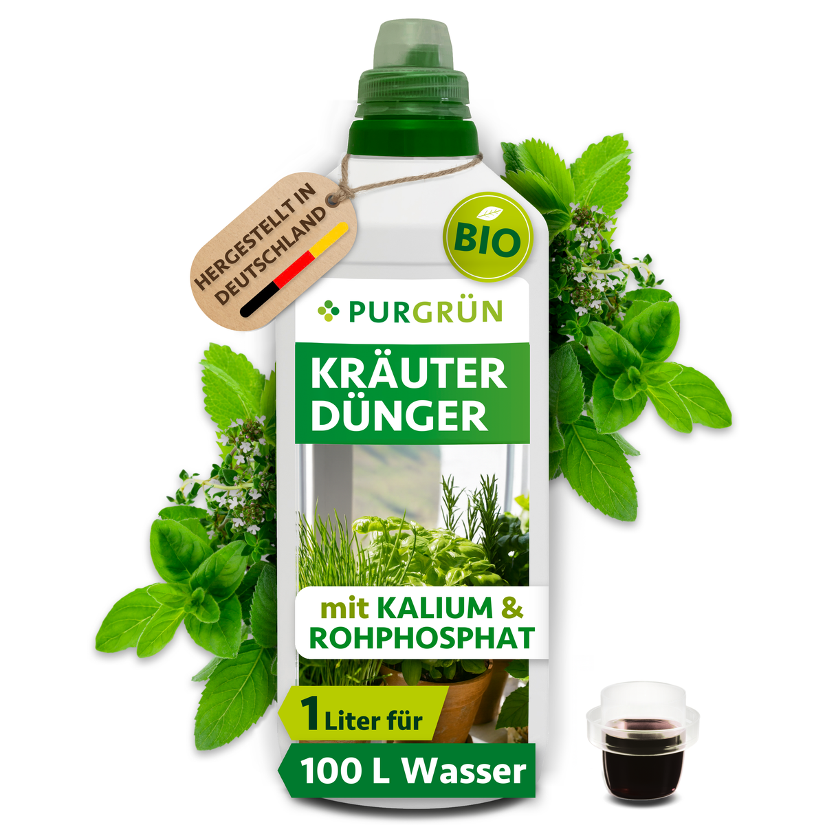 Purgrün Bio-Kräuterdünger in der 1-Liter-Flasche mit Dosierkappe; reicht laut Etikett für ca. 100 Liter Gießwasser.
