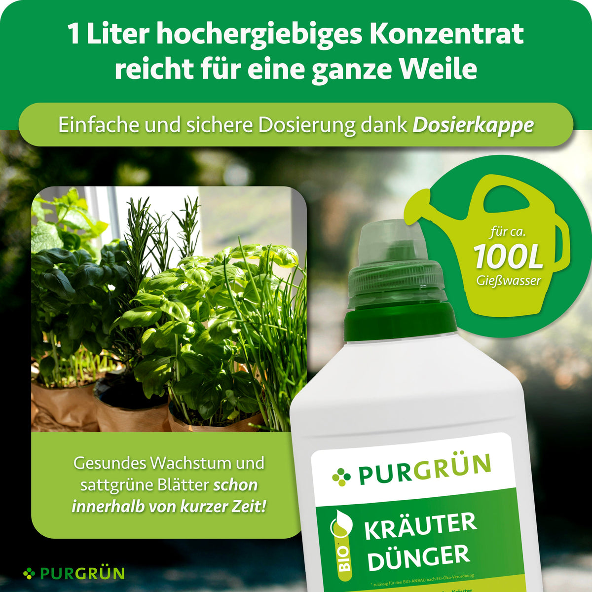 1 Liter Konzentrat reicht für ca. 100 Liter Gießwasser. Die Dosierkappe ermöglicht eine einfache und sichere Dosierung.