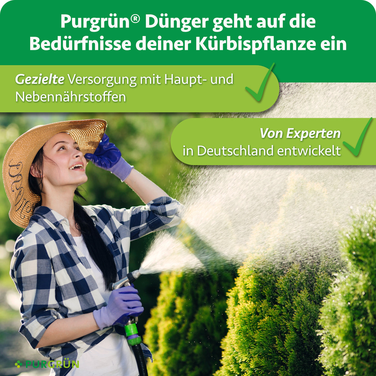 Purgrün Bio-Kürbis-Dünger: gezielte Versorgung mit Haupt- und Nebennährstoffen, von Experten in Deutschland entwickelt.