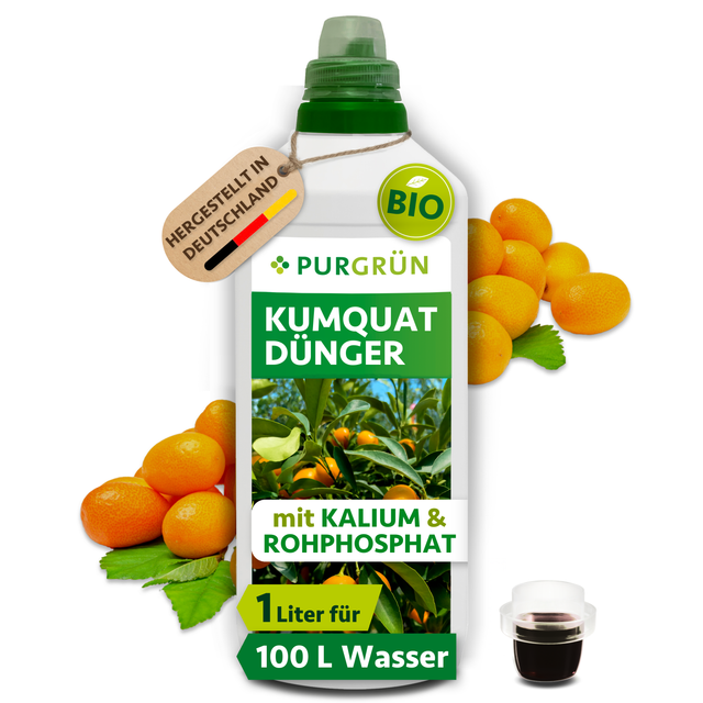 Purgrün Bio-Kumquat-Dünger in der 1-Liter-Flasche mit Dosierkappe; das Konzentrat reicht für ca. 100 Liter Gießwasser.
