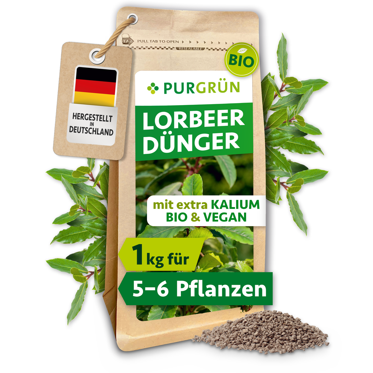 Bio-Lorbeer-Dünger im 1-kg-Standbeutel, mit Lorbeerblättern und feinem Granulat; ausreichend für ca. 5–6 Pflanzen.