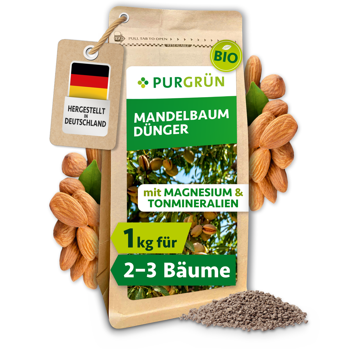Purgrün Bio-Mandelbaum-Dünger im 1-kg-Beutel mit Mandeln und feinem Granulat; laut Etikett für ca. 2–3 Mandelbäume.